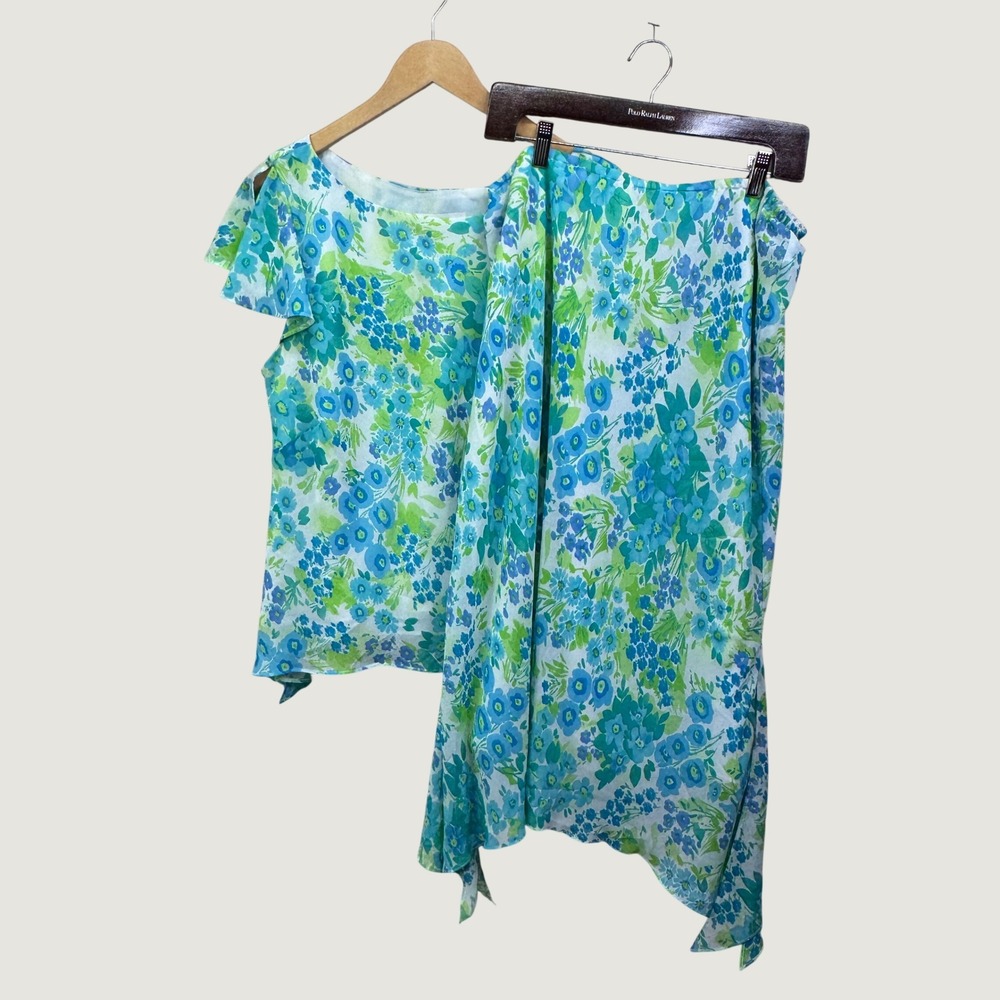 Floral Skirt Set Size 18 Blue Green Two Piece Flutter Sleeve Cottagecore Summer